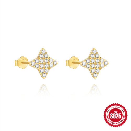 S925 Sterling Silver Four-Leaf Clover Four-Pointed Star Full Diamond Stud Earrings Korean Version Niche Design Sense Light Luxury Elegant Earrings