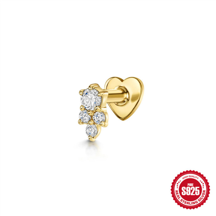 S925 Sterling Silver Tassel Chain Inlaid Diamond Heart Flat Head Threaded Piercing Ear Bone Stud for Women AliExpress Hot Selling Ear Jewelry