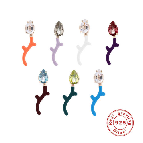 S925 Sterling Silver Oil Drop Imitation Enamel Color Inlaid Diamond Branch Earrings European and American Hot Selling French Retro Creative Earrings
