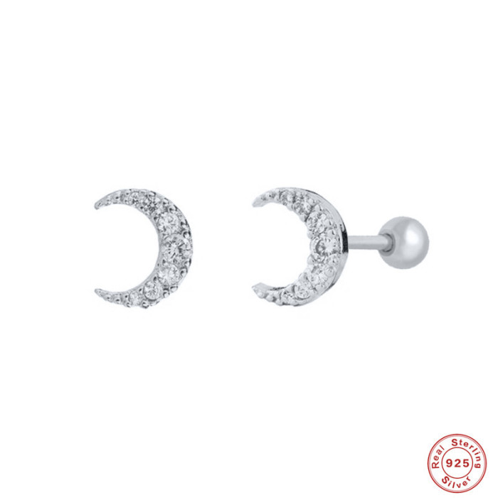 S925 Sterling Silver Moon Inlaid Diamond Threaded Piercing Single Earring Earrings Cross-Border Bestselling Simple Minimalist Style Ear Bone Stud