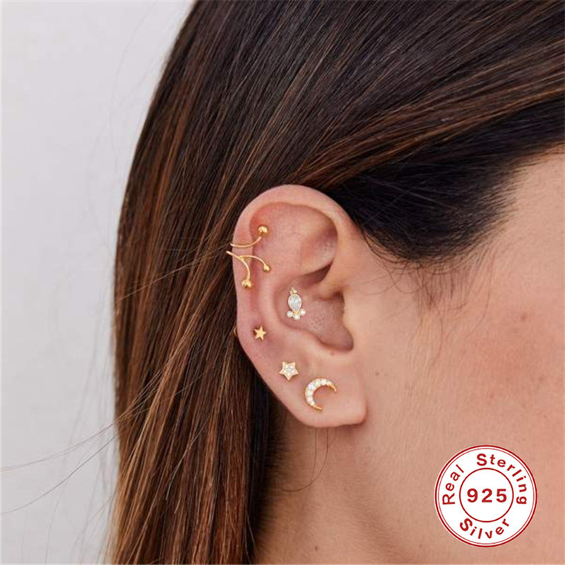 S925 Sterling Silver Geometric Diamond-Studded Body Piercing Threaded Earrings European and American Trend Creative Ins Piercing Cartilage Stud Earrings
