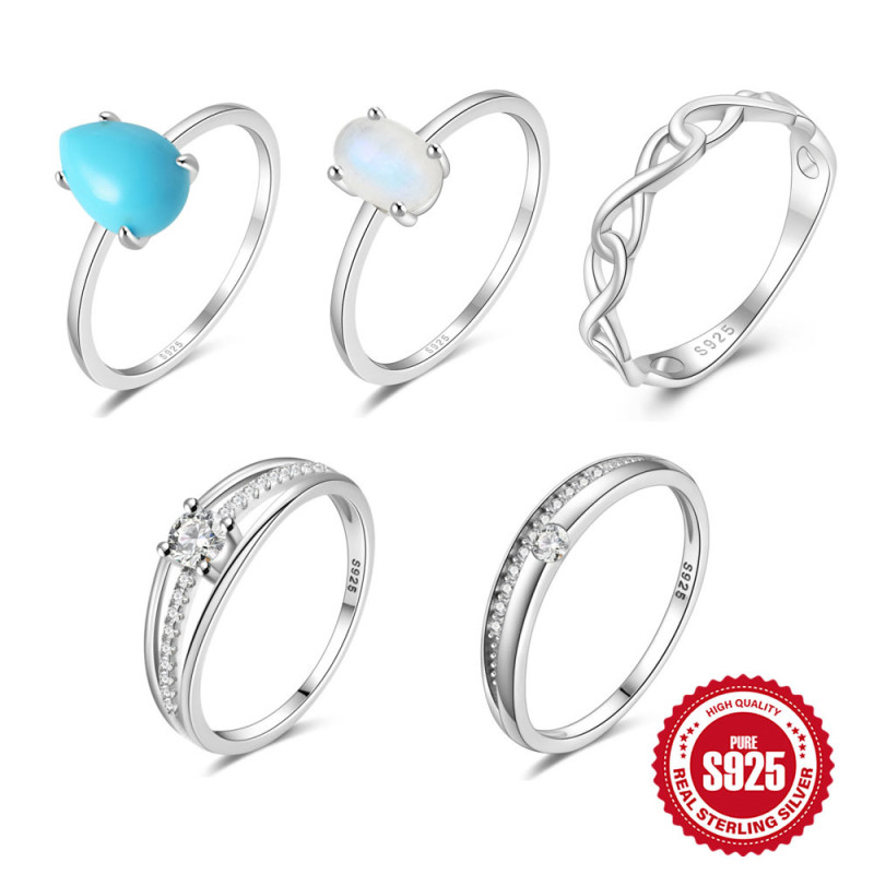 New 925 Sterling Silver Classic Four-Prong Inlaid Moonstone Ring Japanese and Korean Minimalist Niche Turquoise Index Finger Ring