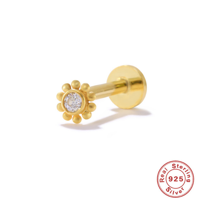 New S925 Sterling Silver Flower Inlaid Diamond Flat Head Threaded Piercing Cartilage Earrings Ins Creative Body Piercing Jewelry