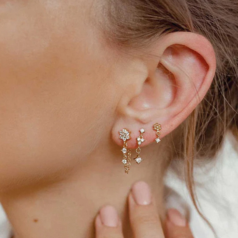 S925 Sterling Silver Chain Tassel Inlaid Diamond Ear Thread Earrings Korean Style Elegant Ins Style Niche High-end Earrings Jewelry