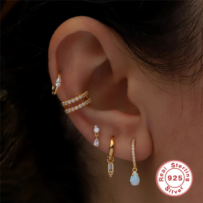 S925 Sterling Silver Personality Water Drop Inlaid Diamond Light Luxury Piercing Ear Jewelry Japanese and Korean INS Style Threaded Piercing Cartilage Earrings