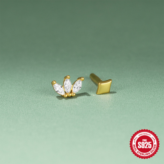 S925 Sterling Silver Petal Snowflake Double-Sided Wearable Soft Cartilage Threaded Piercing Earrings Hot-Selling Geometric Diamond-Studded Ear Bone Studs