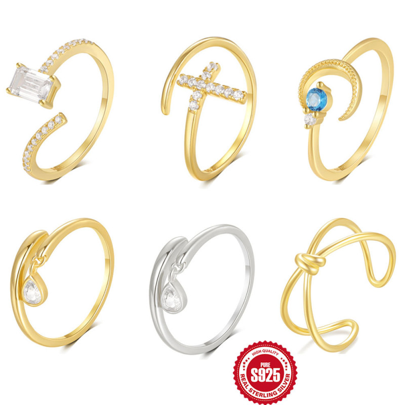 S925 Sterling Silver Fashion Classic Cross Crescent Diamond Inlaid Open Ring Niche Design Open Ring Tail Ring for Women