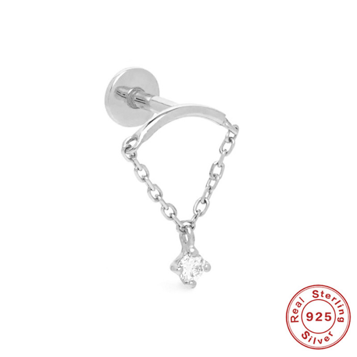 S925 Sterling Silver Inlaid Diamond Tassel Chain Flat Head Threaded Piercing Ear Bone Stud European and American Fashion Versatile INS Style Earrings