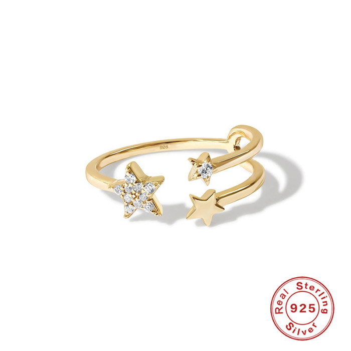 S925 Sterling Silver Personalized Five-Pointed Star Stone-Inlaid Women's Open Ring Korean and Japanese Style Fashio...