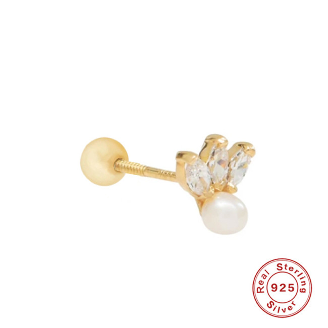 S925 Sterling Silver Triple CZ Marquise Pearl Stud Piercing Single Earring European and American Bestselling INS Ear Bone Stud
