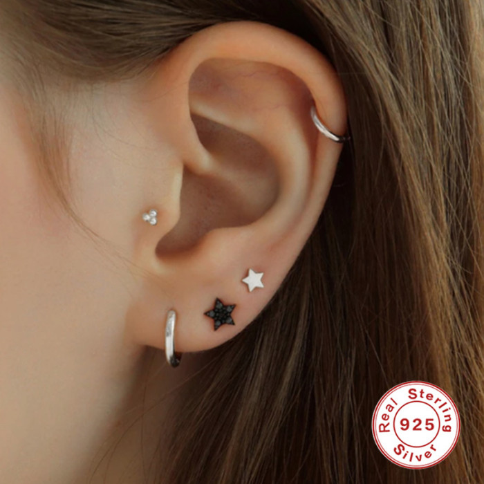 925 Sterling Silver Mini Pentagram Smooth Piercing Earrings European and American Hot Sale 16G Flat Head Threaded Piercing Cartilage Stud Earrings