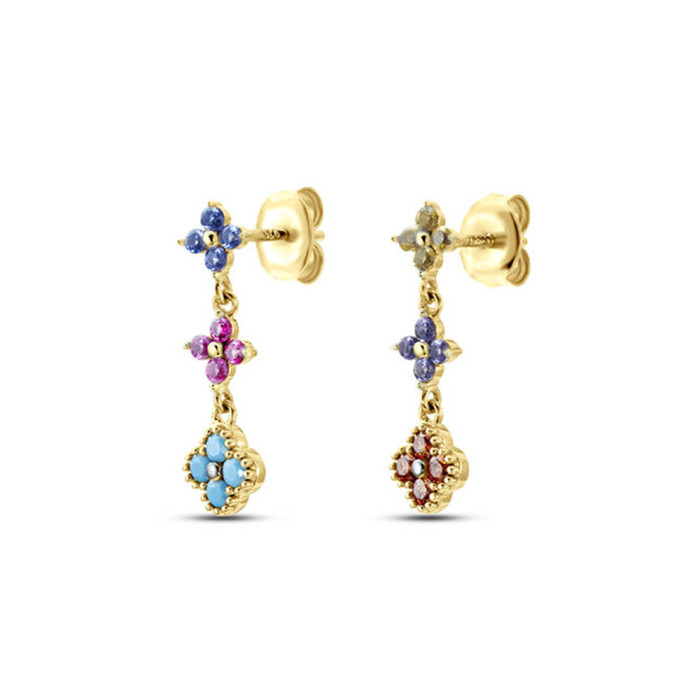 S925 Sterling Silver Colorful Inlaid Diamond Flower Stud Earrings for Women European and American Fashion Simple Ins Style Pure Silver Earrings Cross-Border