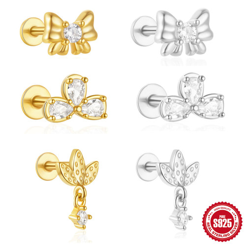 925 Sterling Silver Bowknot Triangle Inlaid Diamond Flat Head Piercing Ear Bone Stud Earrings European and American Hot Selling INS Minimalist Style Earrings