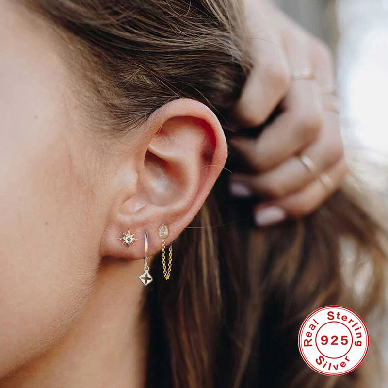 S925 Sterling Silver Minimalist Chain Back Hanging Earrings Japanese and Korean Simple Versatile Water Drop Inlaid Diamond Elegant Earrings for Women