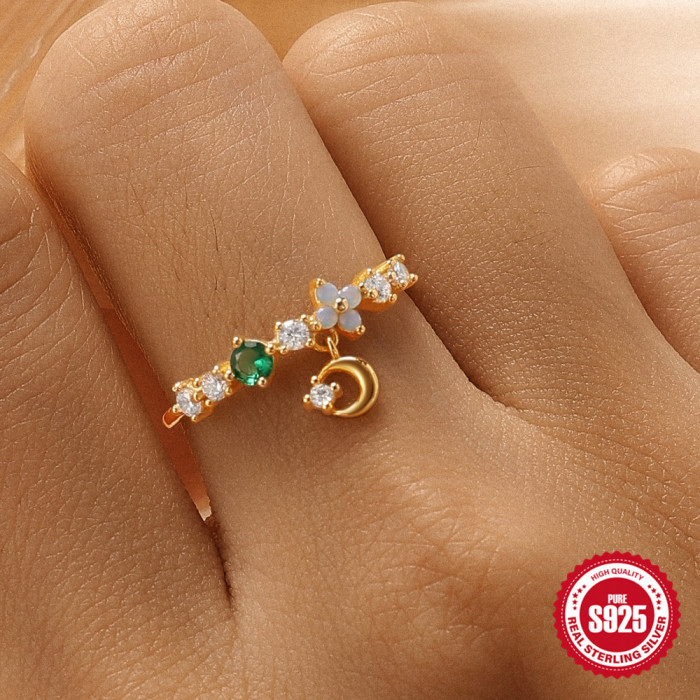 S925 Sterling Silver Colorful Stone Sweet Ring for Women, Korean and Japanese Simple Ins Style, Personalized Light...