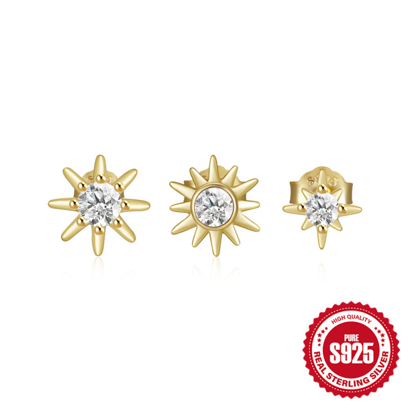 S925 Sterling Silver Classic Geometric Versatile Eight-Pointed Star Small Earrings Set Korean and Japanese Style Diamond-Studded Niche High-End Earrings for Women