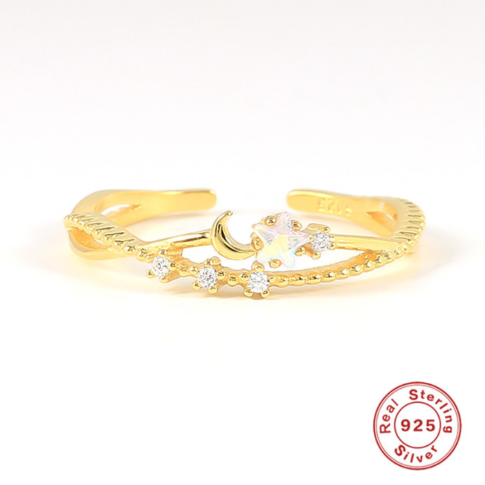 S925 Sterling Silver Geometric Moon Small Stone Sparkling Open Ring TikTok Same Style Colorful Stone Exquisite In...