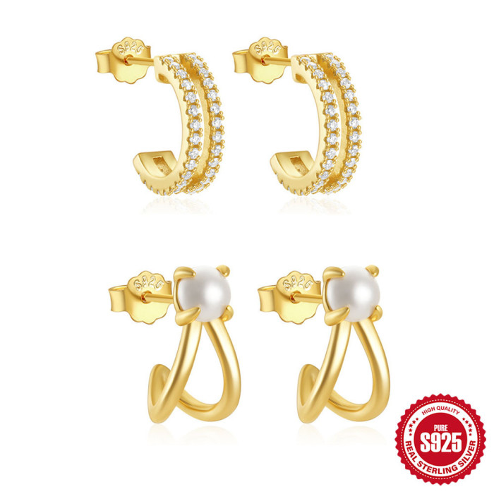 New S925 Sterling Silver C-Shaped Hollow Pearl Earrings Double Layer Hoop Row Diamond Stud Earrings Hot Selling INS E...