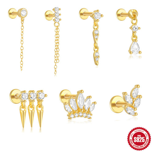 S925 Sterling Silver Diamond-Studded Flat Bottom Piercing Threaded Ear Bone Stud European and American Style Row Diamond Cone Crown Pendant Water Drop Earrings Jewelry