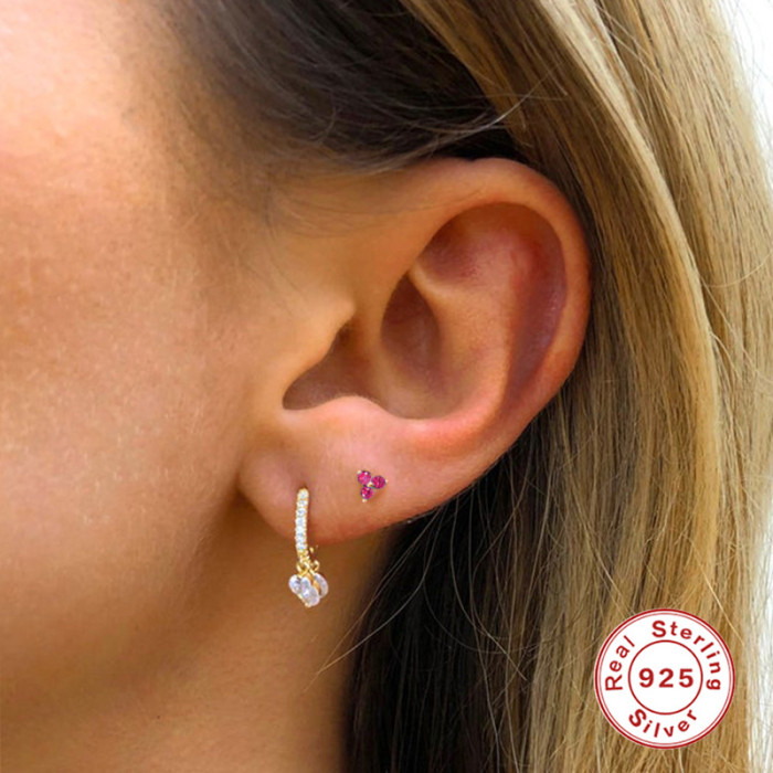 S925 Sterling Silver Geometric Lucky Clover Stone-Inlaid Light Luxury Earrings Bestselling Personality Simple Layer...