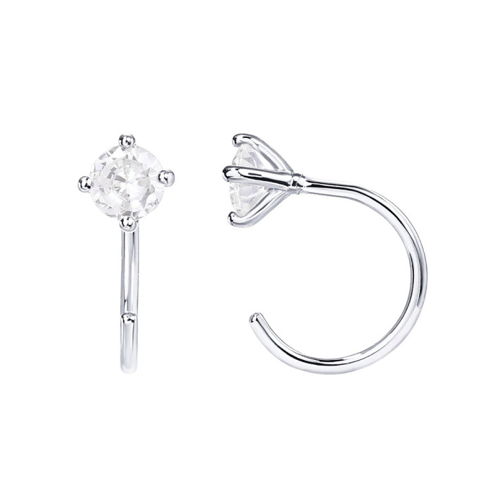 S925 Sterling Silver Four-Prong Diamond-Studded Ear Hook Hoop Earrings Piercing Earrings European and American Hot Selling INS Creative C-Shaped Earrings for Women