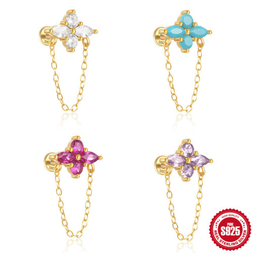 925 Sterling Silver Colorful Diamond Tassel Flat Thread Piercing Ear Bone Stud European and American Bestselling Personality INS Versatile Earrings Ear Jewelry