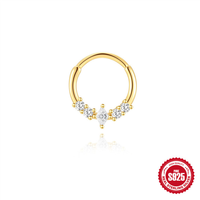 S925 Sterling Silver Simple Rhombus Geometric Diamond-Studded Ear Cuff Hoop Earrings Fashionable Versatile Nose Ring