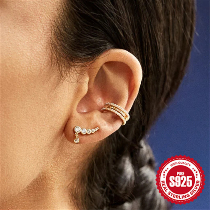 S925 Sterling Silver Round Diamond Single Row Earrings Ear Clips New Trendy Niche Design Internet Celebrity Style Earrings