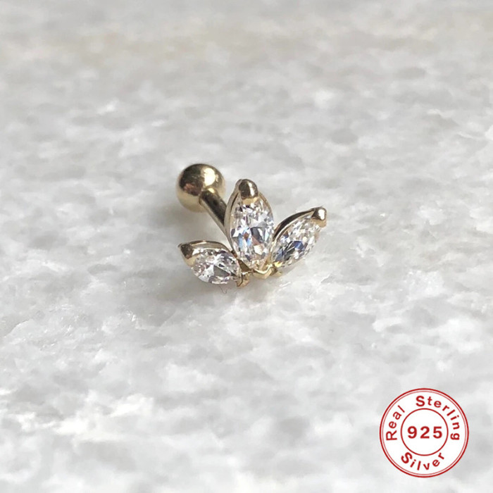 S925 Sterling Silver Crown Marquise Zirconia Inlaid Diamond Threaded Piercing Ear Bone Stud European and American Trend INS Body Piercing Stud
