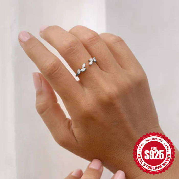 New S925 Sterling Silver Leaf Open Ring for Women, Fresh Zircon, Ins Trendy Fashion Adjustable Open Ring for Index Fi...