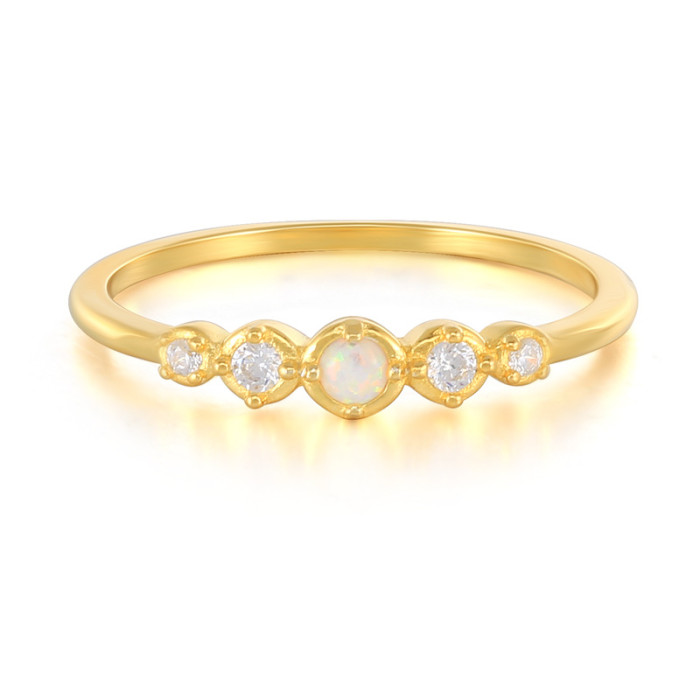 S925 Sterling Silver Single Row Opal Gemstone Inlaid Diamond Ring Japanese and Korean Fashion Simple INS Style Creati...