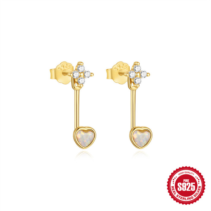 New S925 Sterling Silver Heart Opal Earrings Korean Style Niche Design High-end Inlaid Opal Stud Earrings