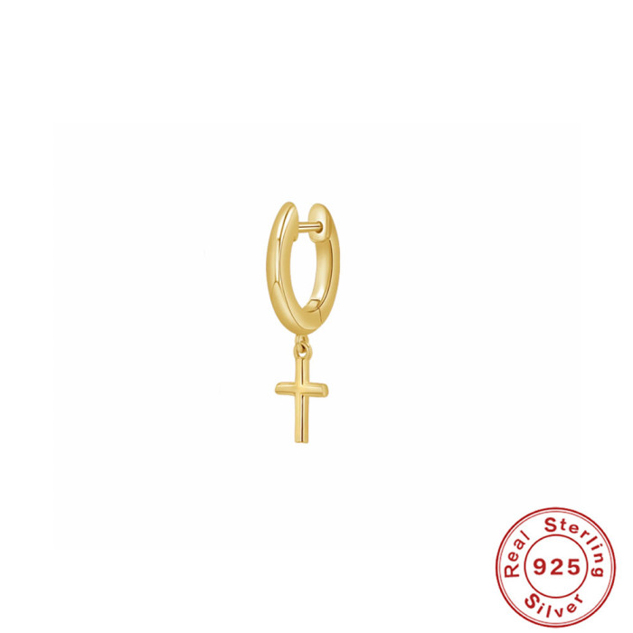 S925 Sterling Silver Minimalist Smooth Surface Pentagram Cross Pendant Earrings Hoop Korean Style Niche High-end Earrings for Women