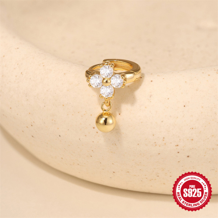 S925 Sterling Silver Four-Leaf Clover Floral Inlaid Diamond Ear Cuff Earrings for Women Korean Style Design Small Gold Bead Pendant Ear Cuff