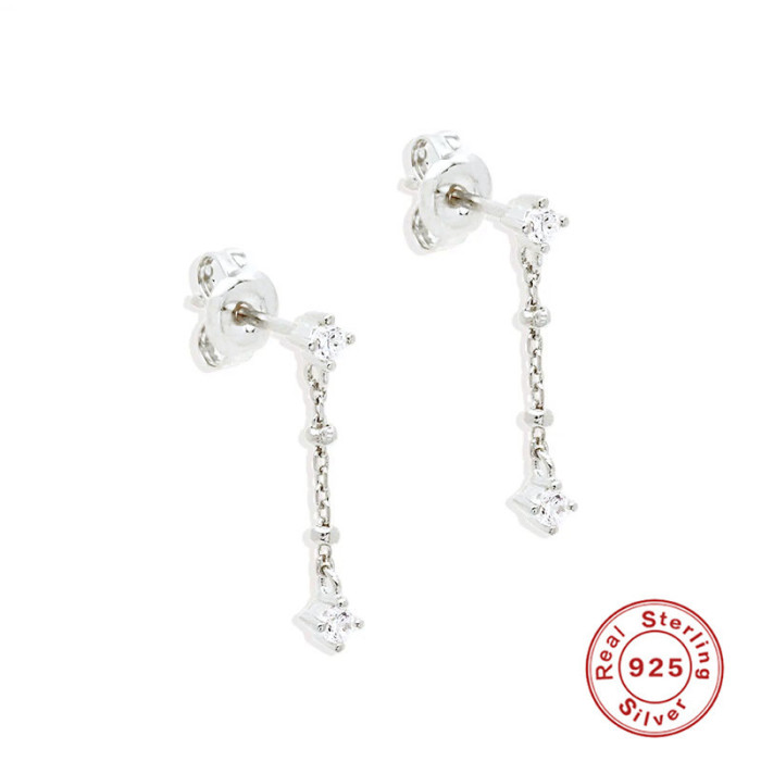 S925 Sterling Silver Tassel Inlaid Diamond Elegant Pearl Stud Earrings Drop Earrings Korean Version INS Minimalist Niche Earrings Ear Thread