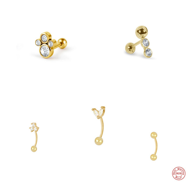 S925 Sterling Silver Round Cat Paw Diamond-Studded Piercing Stud Earrings European and American Style Personality Best-Selling Gourd Hook Back Hanging Ear Bone Stud
