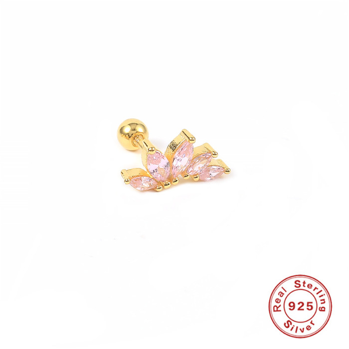 S925 Sterling Silver Colorful Diamond Crown Flower Piercing Threaded Ear Bone Stud European and American Mini Inlaid Diamond Ear Cartilage Stud Earrings for Women
