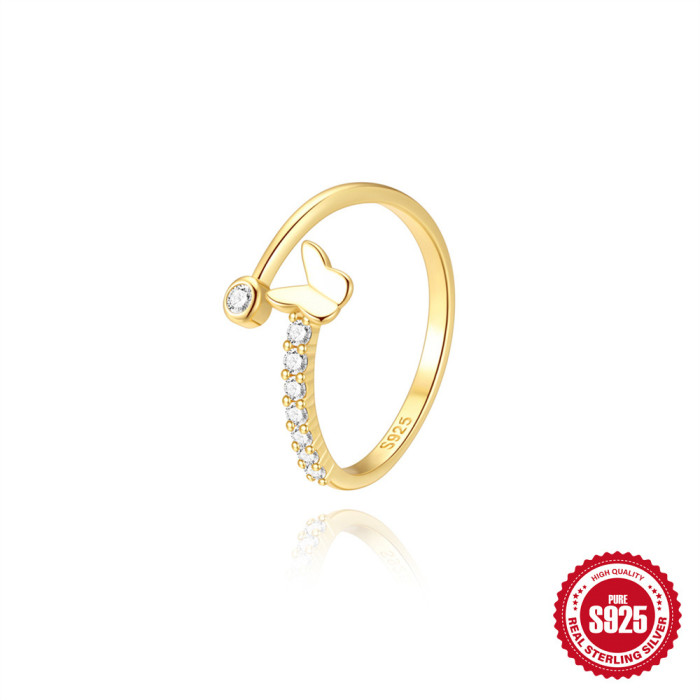 S925 Sterling Silver Zircon Classic Butterfly Simple Open Regular Ring Korean Version Niche Design Index Finger Ring