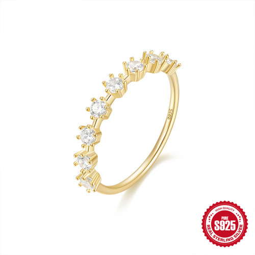 925 Sterling Silver Single Row Six-Prong Diamond Super Sparkling Wedding Ring European and American French Style INS High-End Index Finger Ring