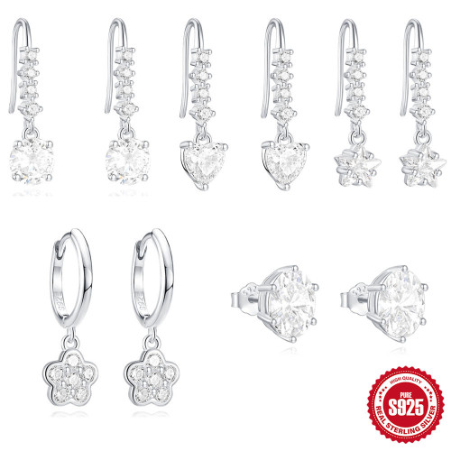 S925 Sterling Silver Petal Heart Diamond-Studded Earrings European and American Super Shiny Silver Daily Matching Hoop Earrings Ear Clips Earrings