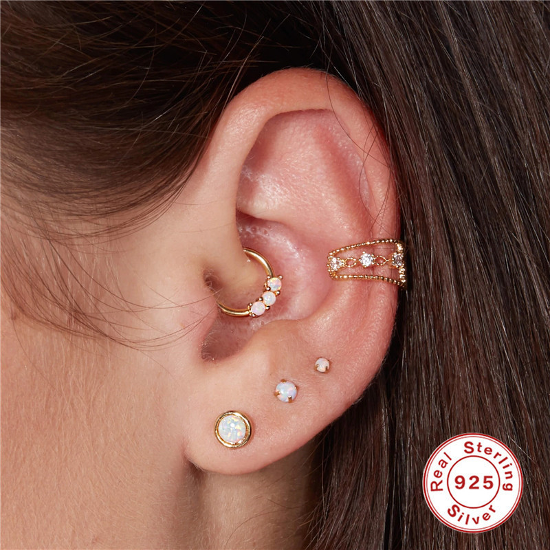 S925 Sterling Silver Triple Opal Inlaid Diamond Cartilage Piercing Jewelry Internet Celebrity Street Style Ear Hoop for Women INS Ear Cuff Ear Hoop