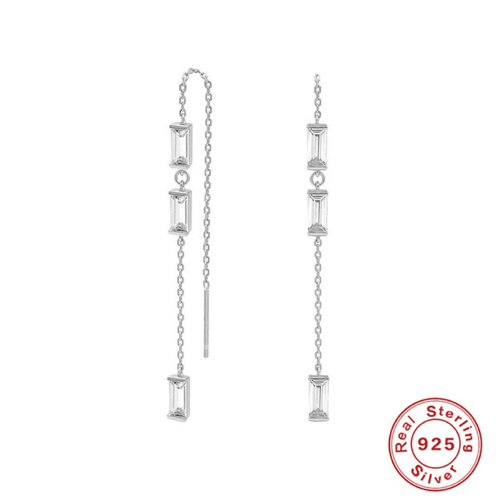 S925 Sterling Silver Rectangular Zircon Stone-Inlaid Chain Earrings Studs Korean Style Long Tassel Ear Thread Elega...