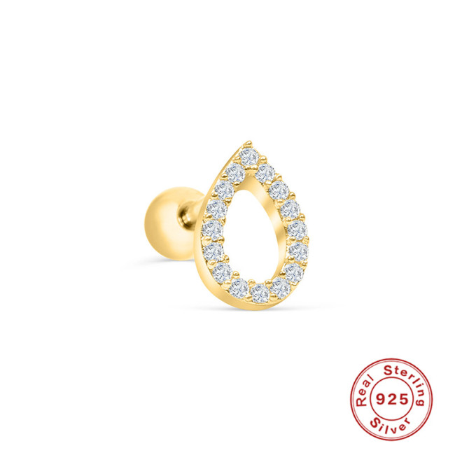 S925 Sterling Silver Hollow Water Drop Diamond-Studded Piercing Threaded Ear Bone Stud European and American Hot-Selling Temperament INS Style Piercing Jewelry