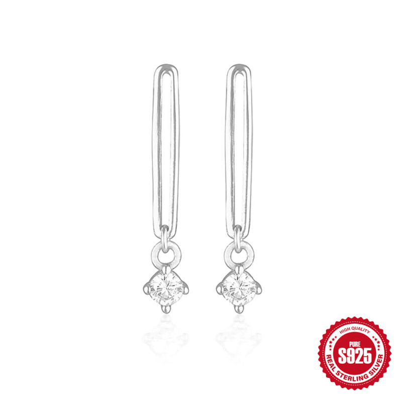 S925 Sterling Silver Rectangular Hollow Smooth Earrings for Women, European and American Cross-Border Hot Selling Ins Style Four-Prong Inlaid Diamond Earrings
