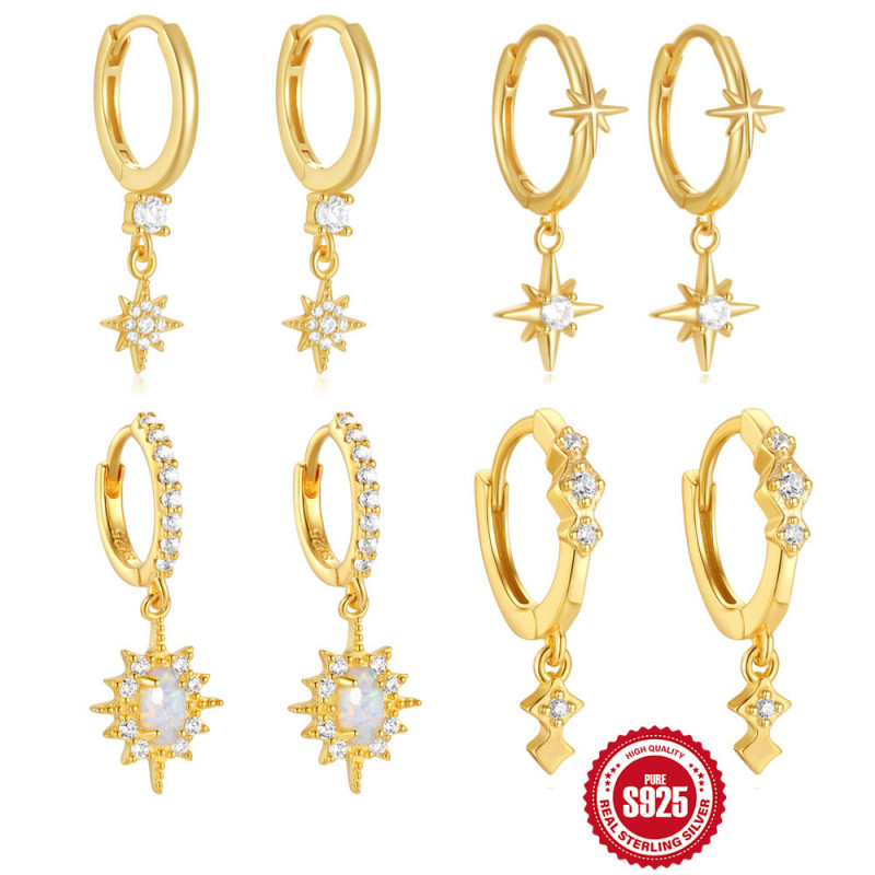 S925 Sterling Silver Eight-Pointed Star Inlaid with Diamonds Opal Hoop Earrings European and American Hot-Selling Elegant Niche High-End Ear Cuffs Ear Jewelry