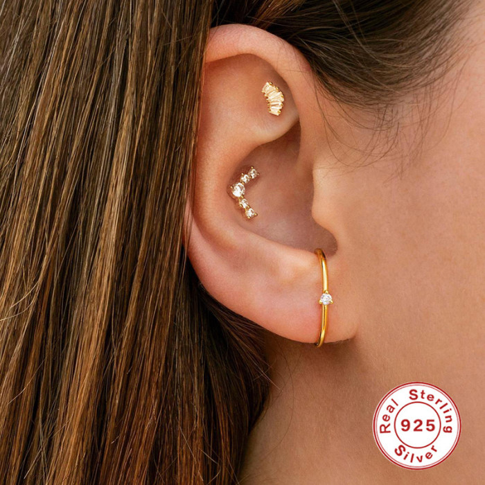 S925 Sterling Silver Personality Trapezoid Inlaid Diamond Single Row Piercing Threaded Earrings European and American Bestselling Ins Style Ear Bone Studs