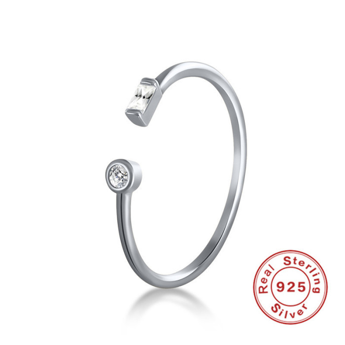 S925 Sterling Silver Minimalist Geometric Rectangle Round Open Ring Korean and Japanese Style Fashion Personality Tre...