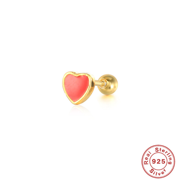 S925 Sterling Silver Classic Heart-shaped Oil Drop Glaze Piercing Jewelry Threaded Earrings Enamel Piercing Ear Bone Stud Earrings for Women