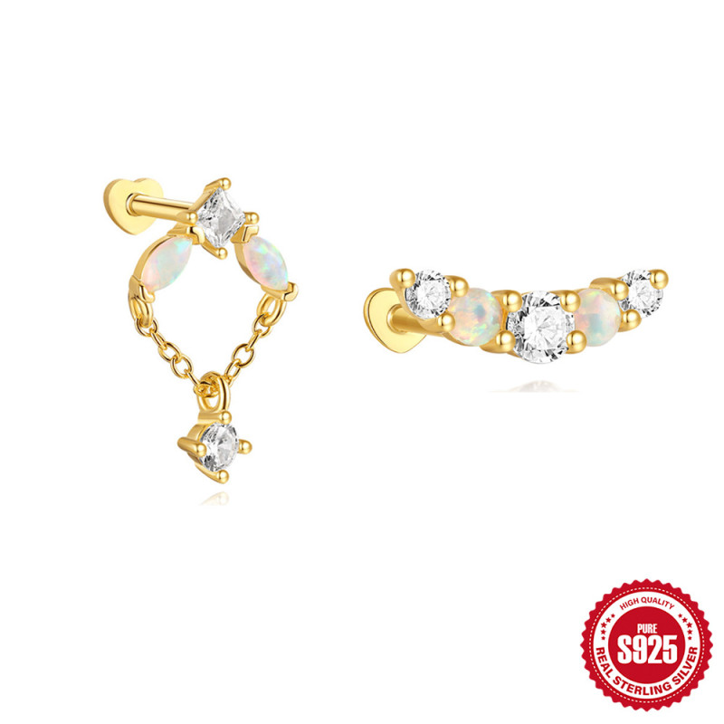 New S925 Sterling Silver Opal Tassel Threaded Piercing Earrings for Women Fairy Sweet Fresh Heart Flat Ear Bone Studs