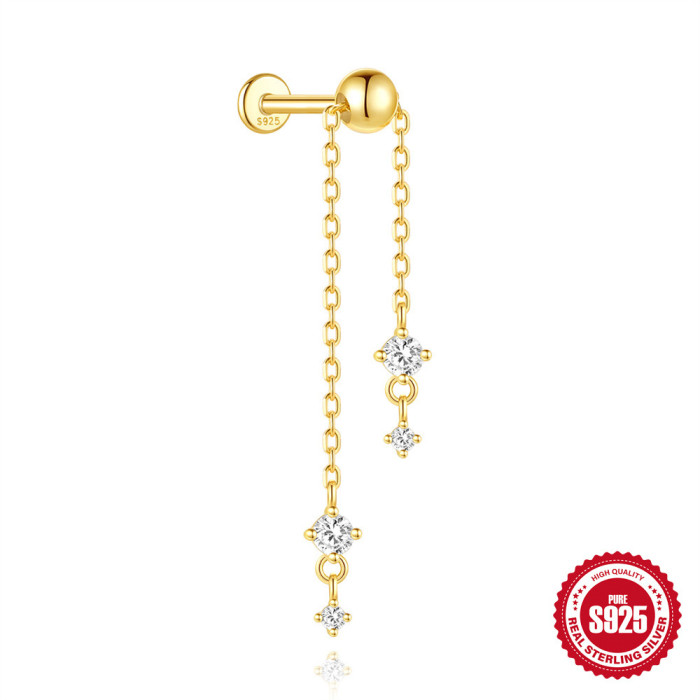 S925 Sterling Silver Classic Tassel Chain Inlaid Diamond Flat Head Thread Piercing Ear Bone Stud European and American Hot-Selling Small Gold Bead Earrings